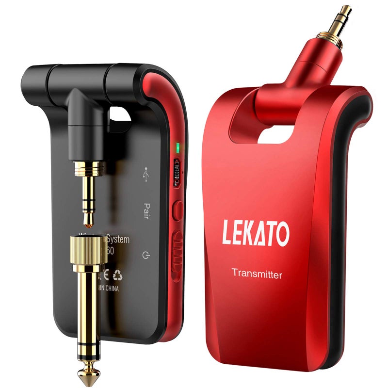 LEKATO نظام جيتار لاسلكي LEKATO بتردد 2.4GHz - 6 قنوات مرسل ومستقبل لاسلكي قابل لإعادة الشحن للجيتار والبيس، ستيريو ومونو 1/4' و1/8' 2 في 1 قابس (أسود وأحمر) - Image 1